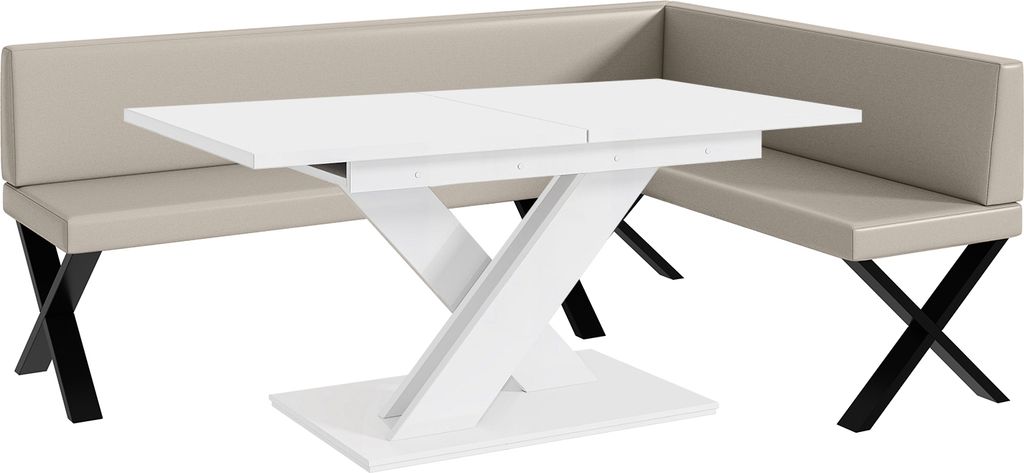 MEBLINI Eckbank für Esszimmer mit ausziehbarem Tisch - Küchenbank - Essecke - Sitzecke Küche - TONI - X-Beine 142x196x87cm Rechts - Beige Kunstl...