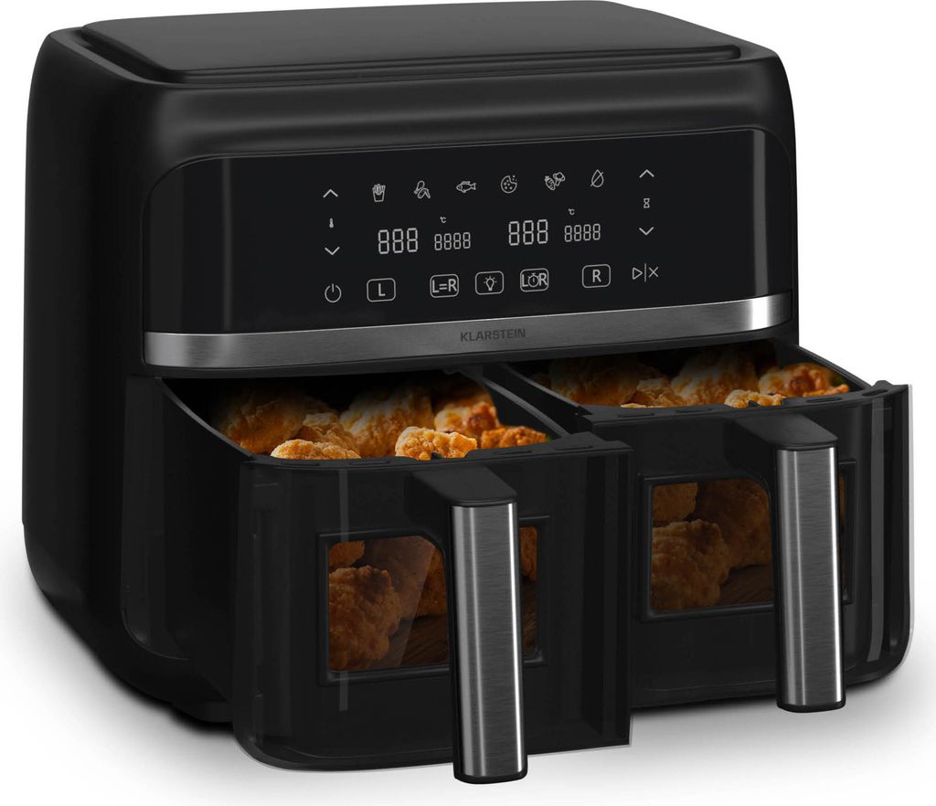 Klarstein Heißluftfritteuse, Airfryer mit 2 Kammern, 2850W Kompakte Heißluftfritteuse, 7,6L Luft-Friteuse mit Touch-Bedienfeld, Timer, Vorheizen,...