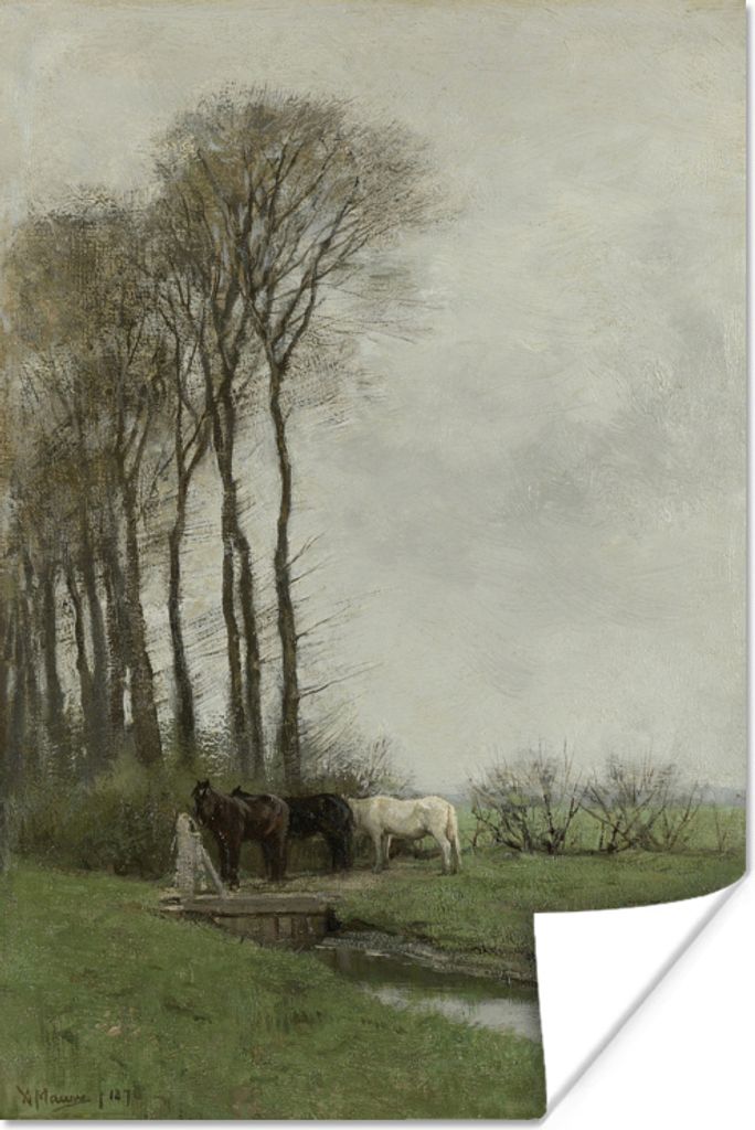 MuchoWow Poster Pferde am Tor - Gemälde von Anton Mauve 20x40 cm - Plakat - Foto