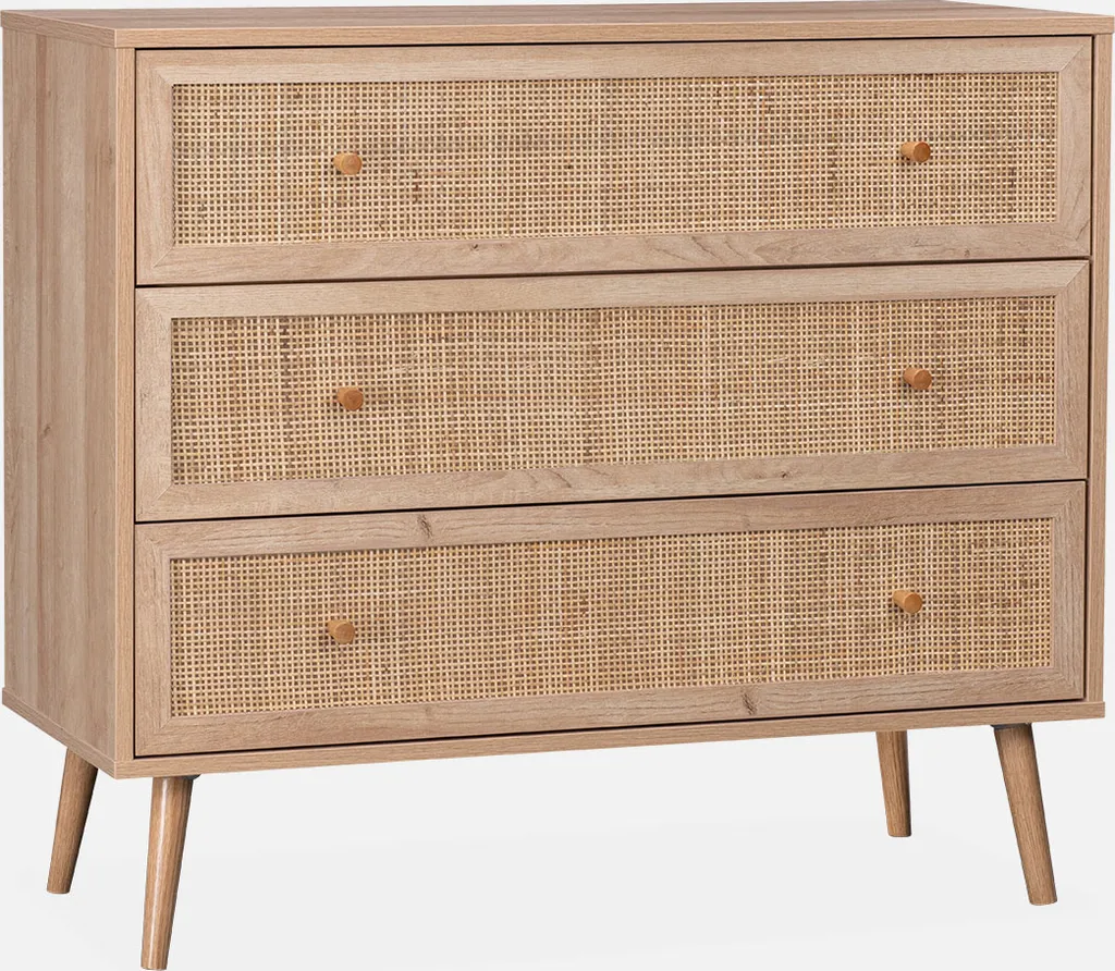 Cassettiera Naturale in Canna e Legno - Mobile 3 Cassetti Stile Nordico