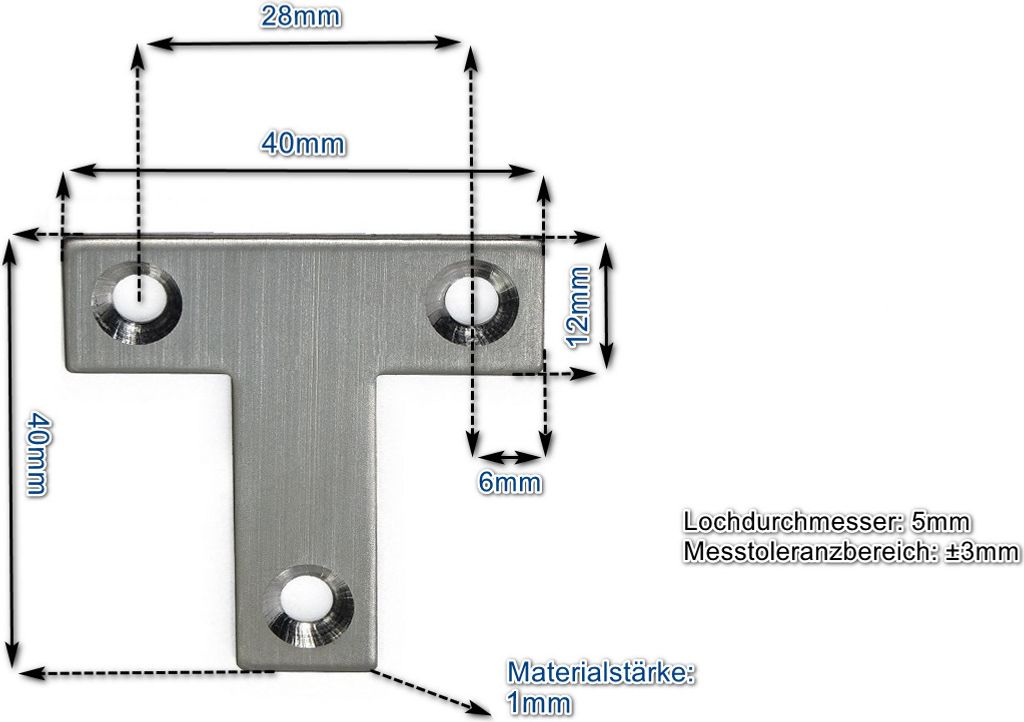 Edelstahl T-Verbinder 40x40x12mm (VE 10Stk) 3x einsetzbar als Lochwinkel, Metallwinkel, Balkenwinkel, Verbinder, Winkelverbinder