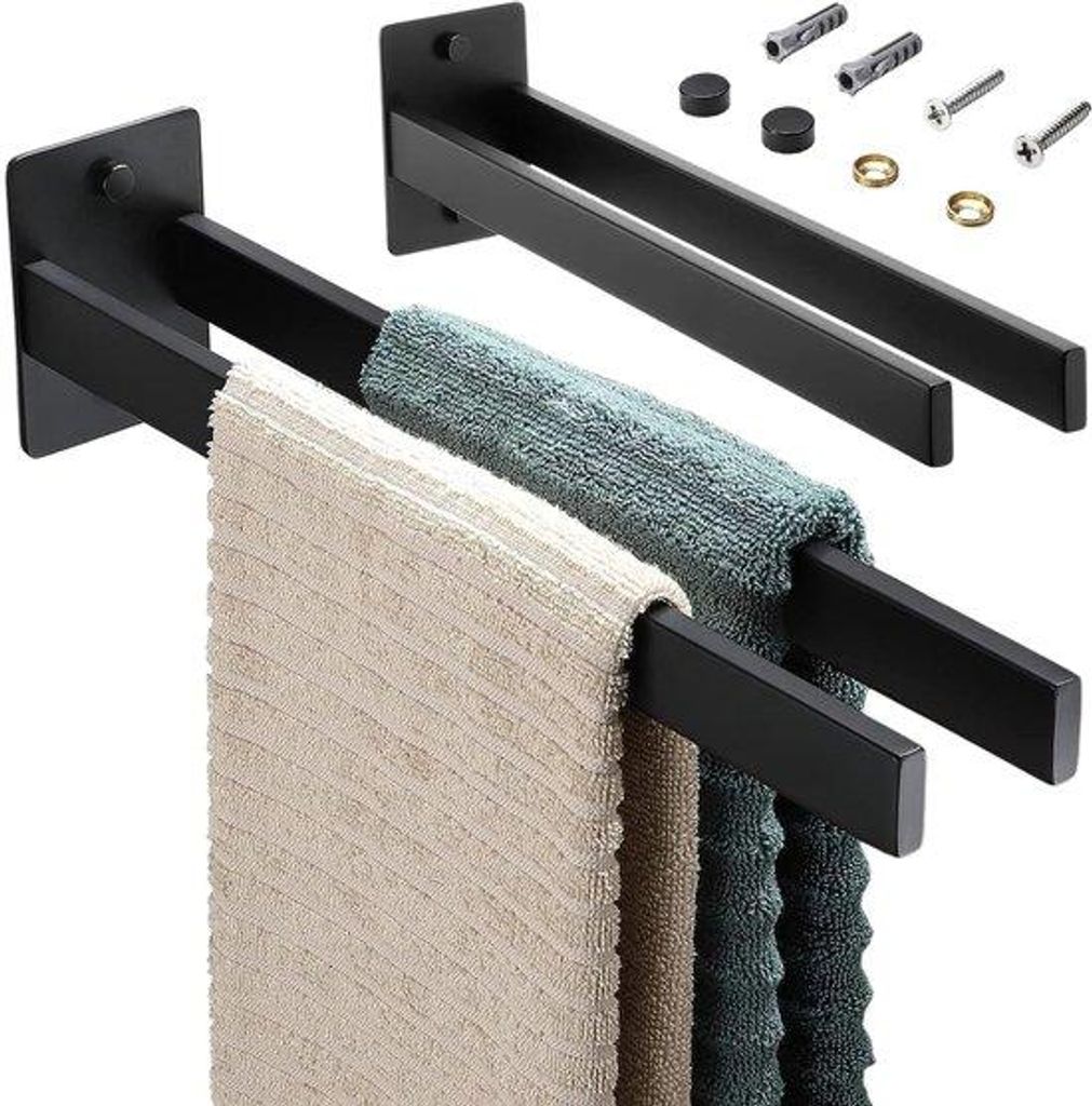 Badezimmer-Tuchhalter, 38 cm ohne Bohrungen, schwarzer Edelstahl-Tuchhalter, selbstklebender Doppel-Tuchhalter, quadratischer Tuchhalter, befestigb...