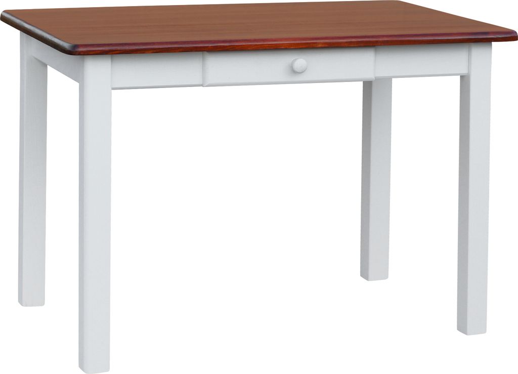 Weißer Tisch mit Schublade aus massivem Kiefernholz mit Tischplatte in der Farbe Calvados 130 x 70 cm
