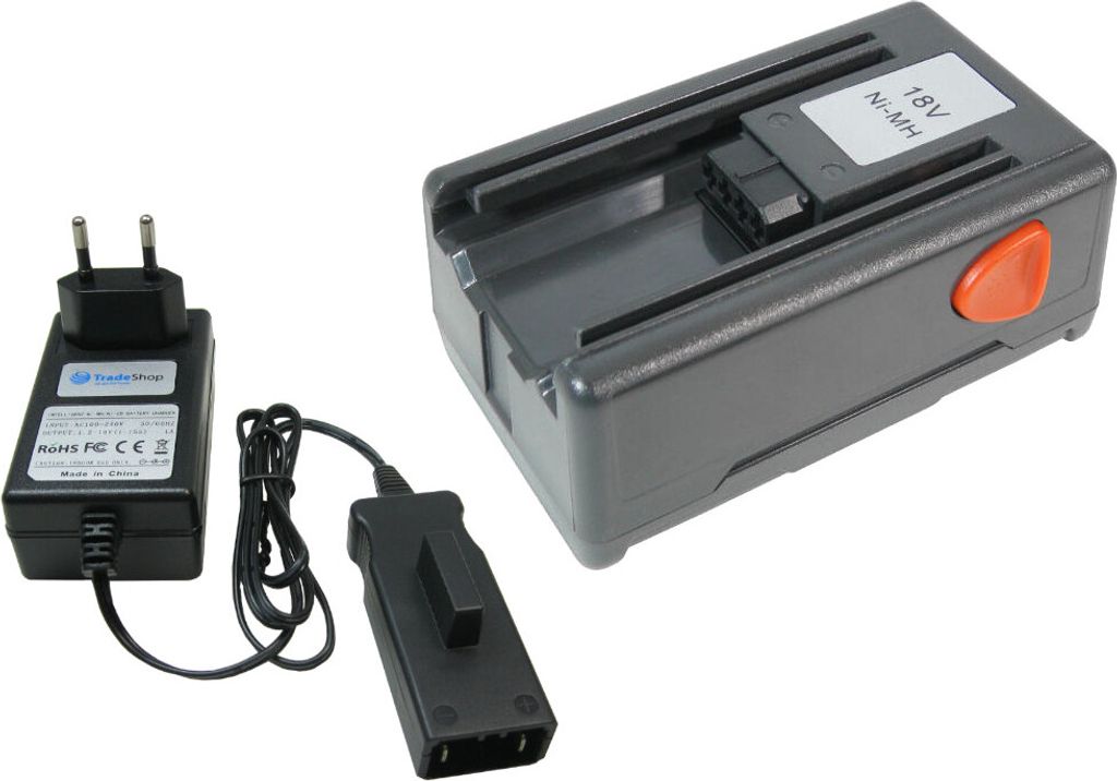 Trade-Shop 2in1 Set: Ni-MH Akku 18V 1500mAh 27Wh + Ladegerät Netzteil für Gardena Elektrowerkzeuge Gartengeräte wie Gardena SmallCut 300
