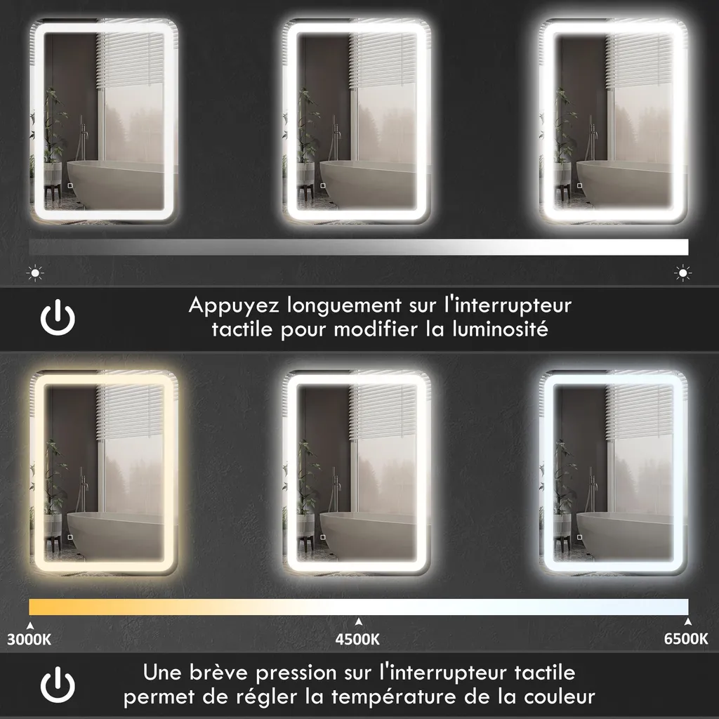 Miroir LED Anti-buée Argent 70x50 cm avec Luminosité Programmable - 7