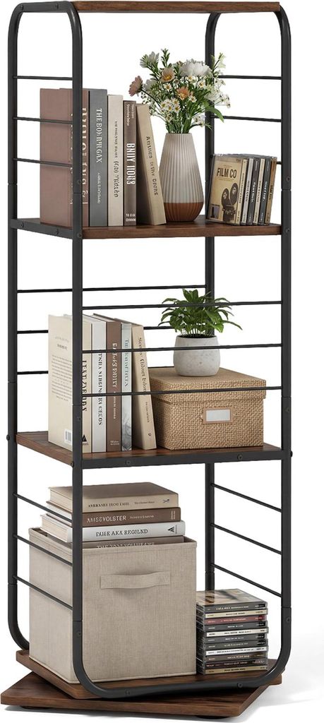COSTWAY 4-stöckiges Bücherregal, 360° Standregal Bücherturm mit Metallrahmen, Büroregal, Dekoregal, Aufbewahrungsregal, Braun, 40 x 40 x 115 cm
