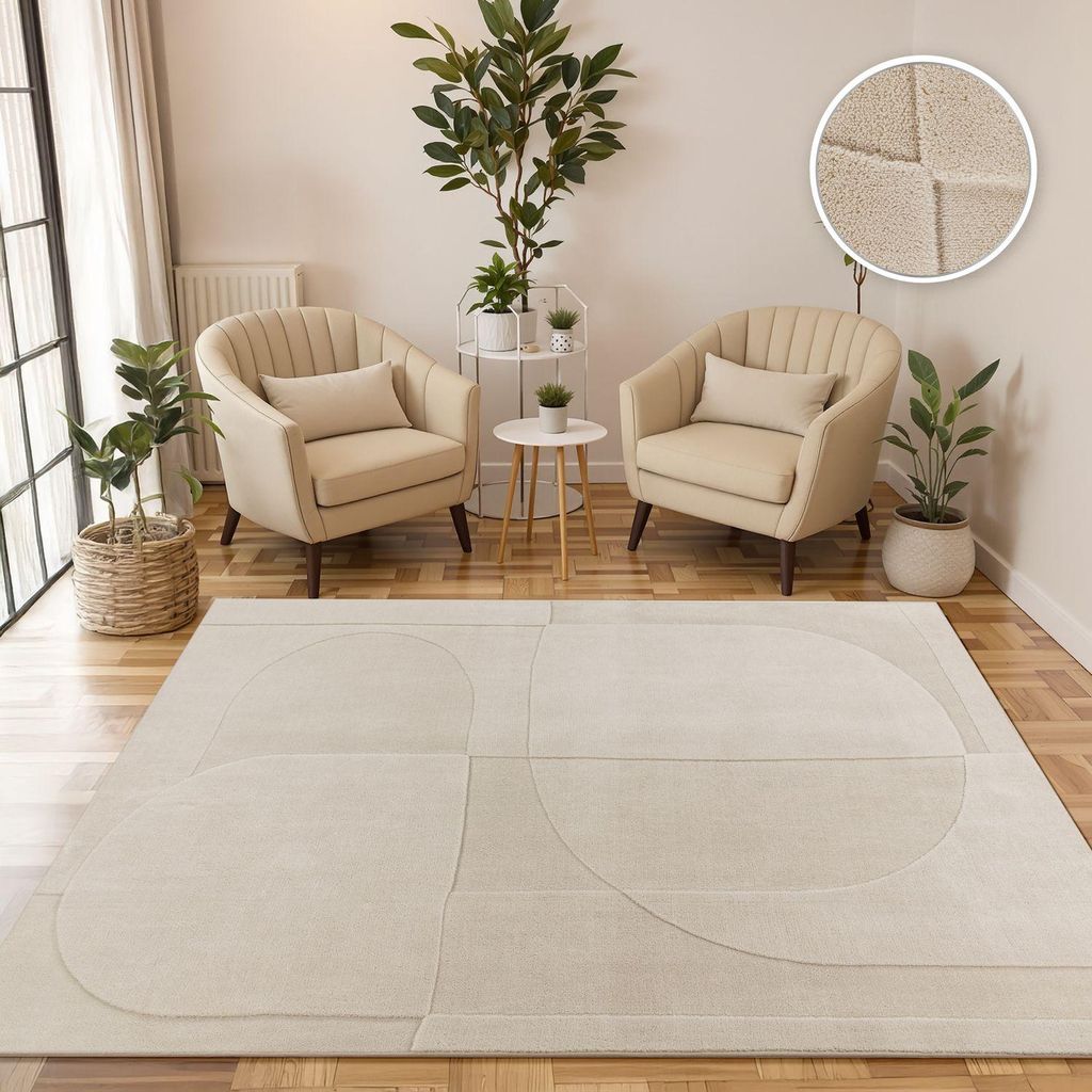 TT Home Teppich Wohnzimmer Hochflor Japandi Panglao Style Skandinavisch Boho Optik Hoch-Tief-Effekt Weiche Struktur Moderne Deko, Farbe:Creme (geom...