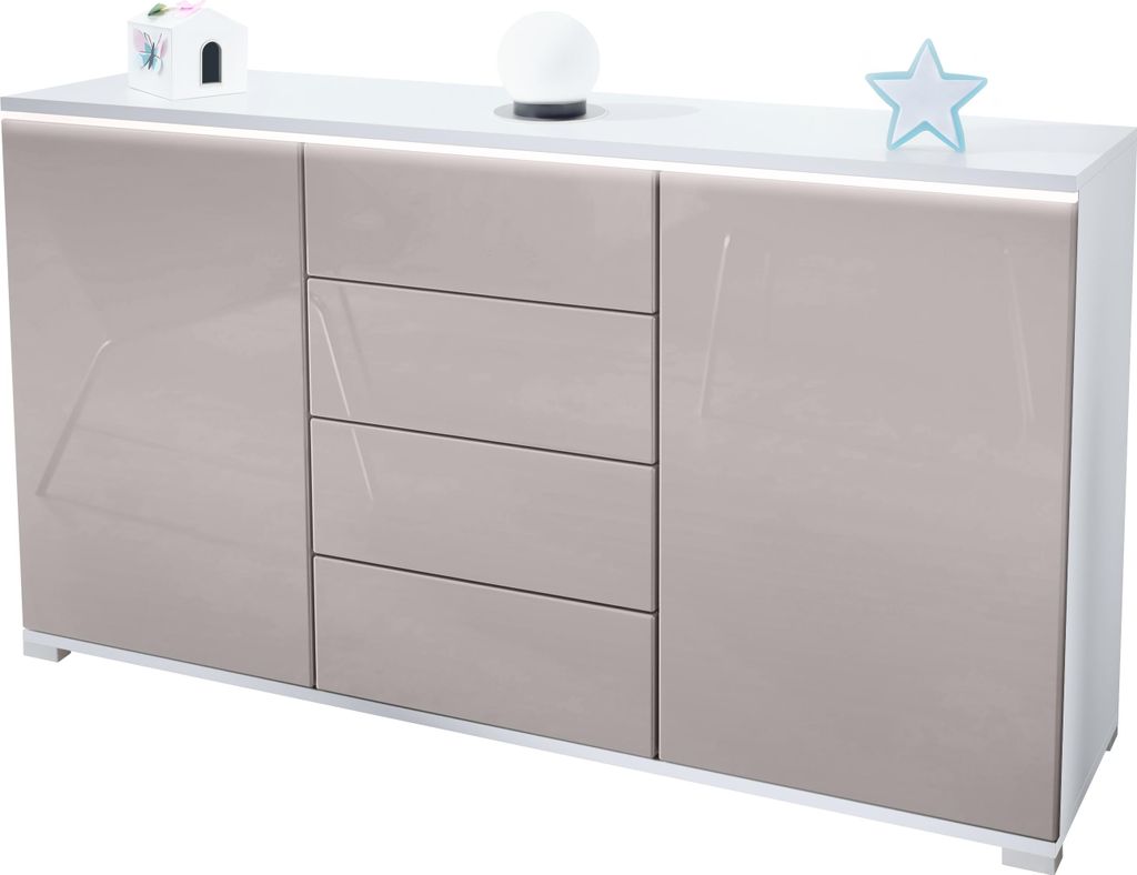 Vladon Sideboard Faro V1 - Kommode mit 2 Türen & 4 Schubladen, Schrank mit LED Lichtleiste, Weiß matt / Sandgrau Hochglanz (138,5 x 75,5 x 35)