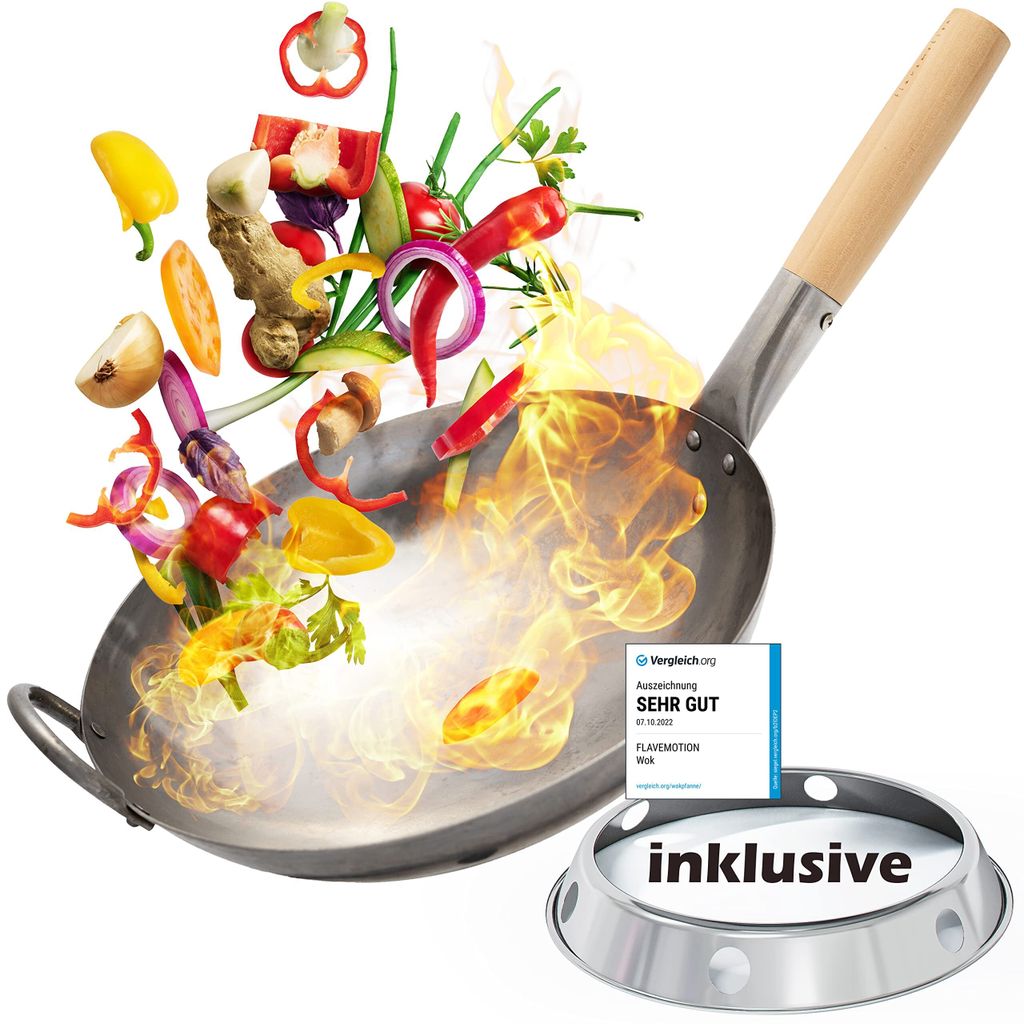Wok Pfanne inkl. Wokring - Geeignet als Wokpfanne Induktion sowie für den Grill und Gasherd - Wok Pfanne aus robusten Kohlenstoffstahl - Woks & Wo...