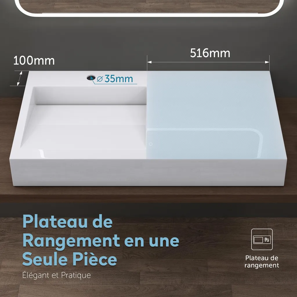 Grand Lavabo Suspendu Mural Rectangulaire 100cm en Solid Surface Blanc