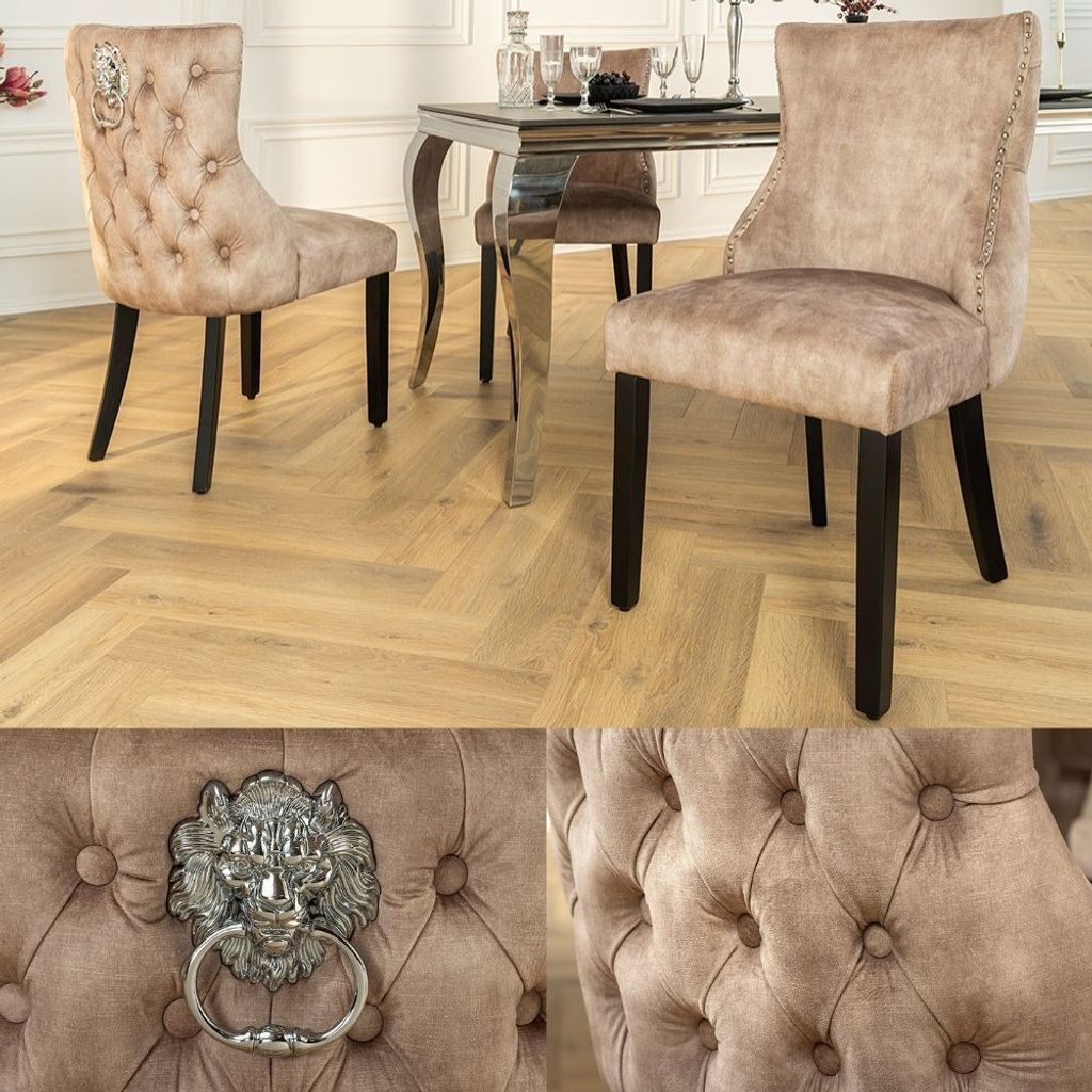 Edler Stuhl LEON Samt beige Löwenkopf Nieten Chesterfield