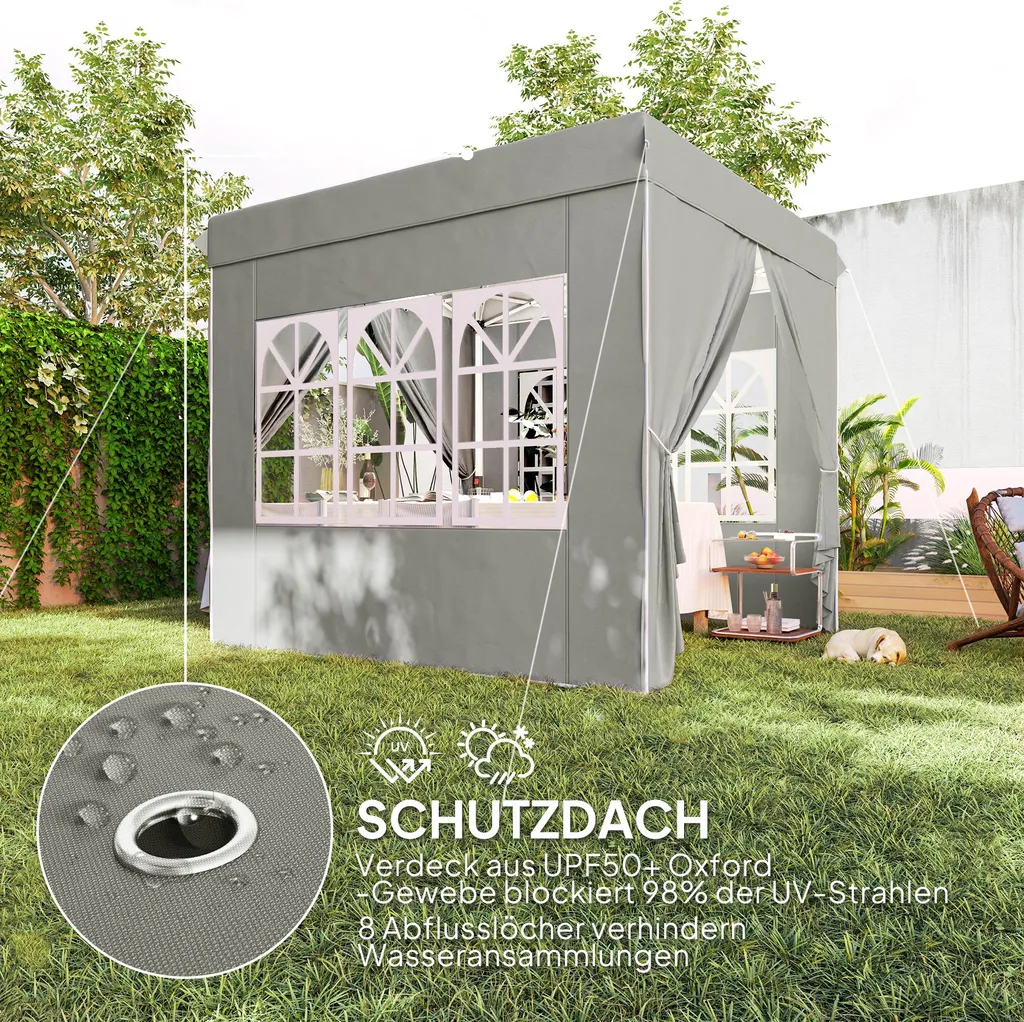 Fortuna Lai Gazebo 2,5x2,5 m, idrorepellente, stabile, resistente alle intemperie, gazebo pieghevole pop-up, protezione UV 50+, tenda da giardino pieghevole con 4 pannelli laterali, borsa, gazebo da giardino per campeggio, grigio chiaro - 6