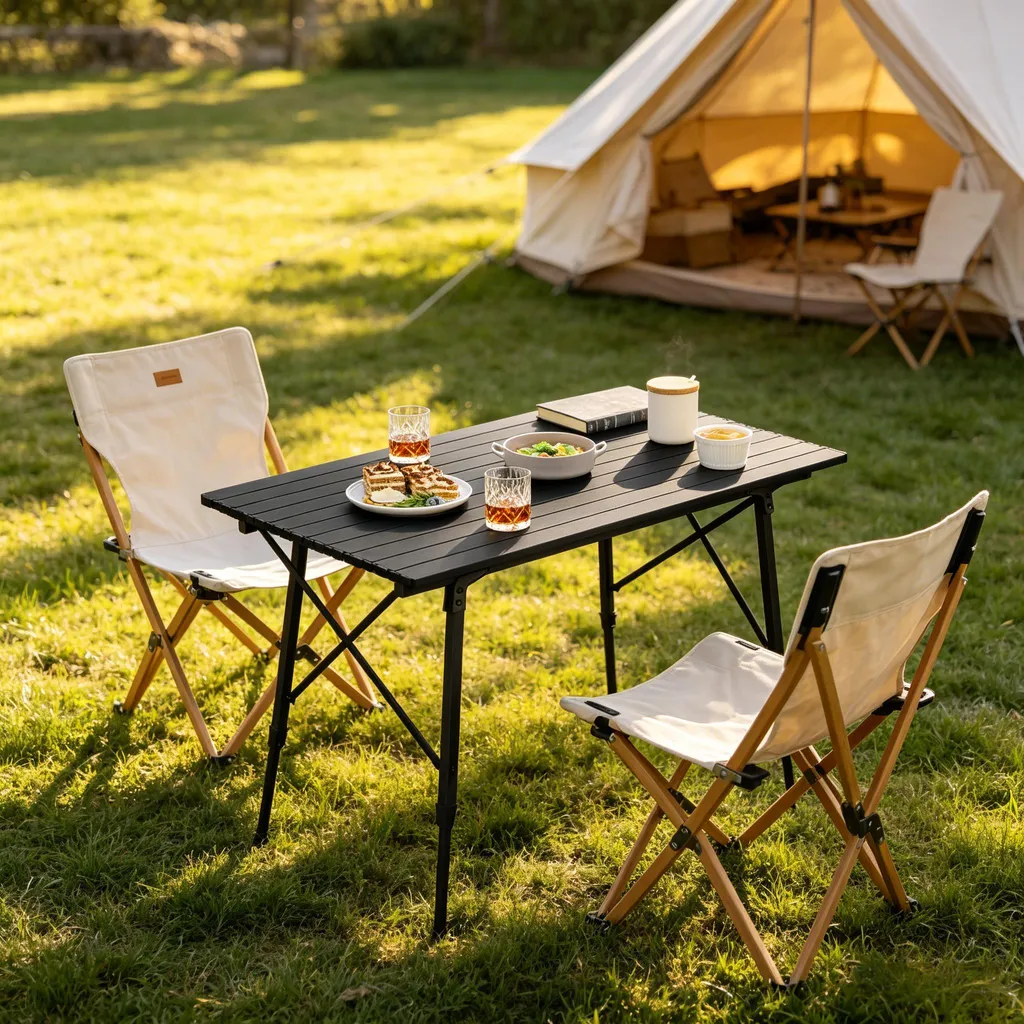 Table de camping pliable à hauteur réglable avec plateau en aluminium