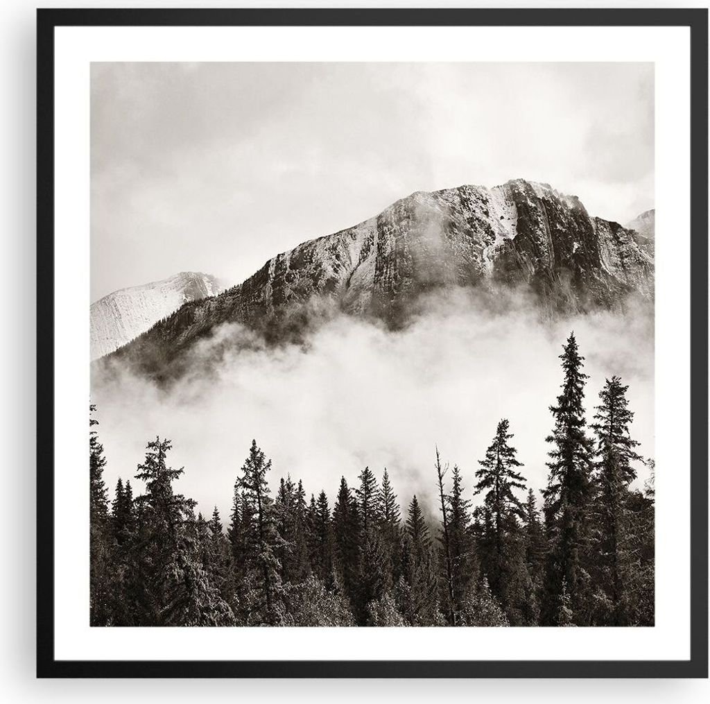 Gerahmtes Poster - Schwarzer Rahmen - Nebel Berg Wald - 60x60 cm - Wand Bild - Wanddeko - Wandbilder - Kunstposter - Wandposter - Bilderrahmen - Bi...