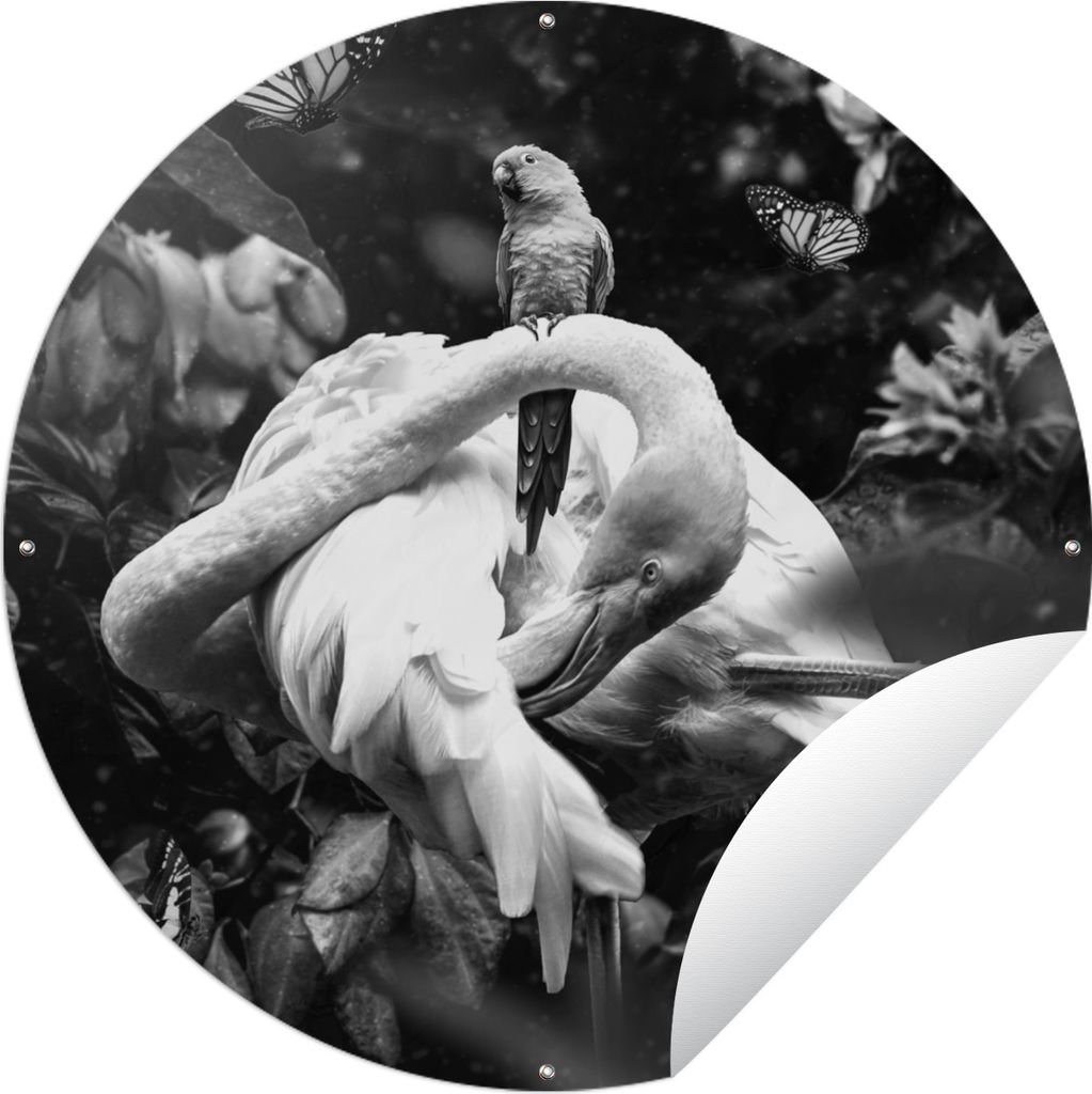 MuchoWow Gartenposter Outdoor-Poster Rund Pflanzen - Flamingo - Dschungel - Schwarz - Weiß Ø 120 cm Gartendeko Rundes Poster draußen