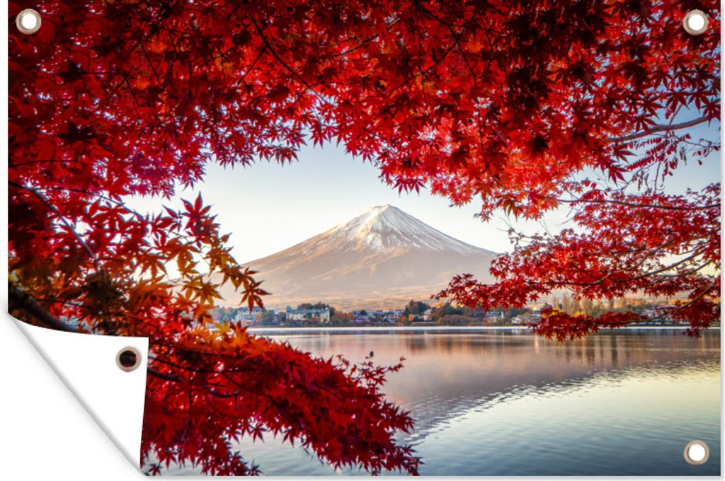 MuchoWow 90x60 cm Outdoor-Poster Gartendeko Sichtschutz Garten Poster für den Garten Der Berg Fuji durch rote Blätter in Japan gesehen
