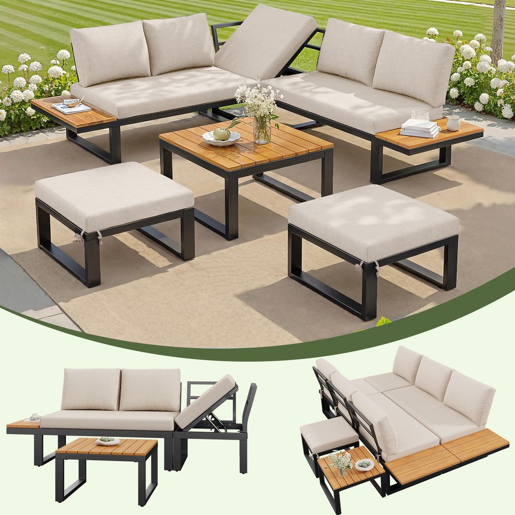6-teiliges Gartenlounge-Set – Ecksofa mit verstellbarer Rückenlehne, Couchtisch & Hockern, wetterfestes Stahlgestell, Terrassenmöbel für Balko...