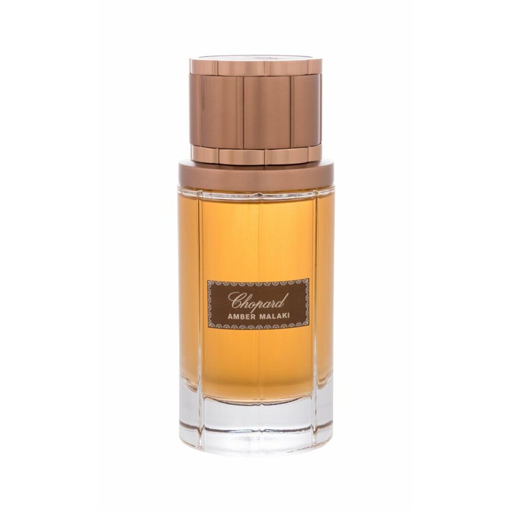 A bottle of Chopard Amber Malaki perfume against a white background.