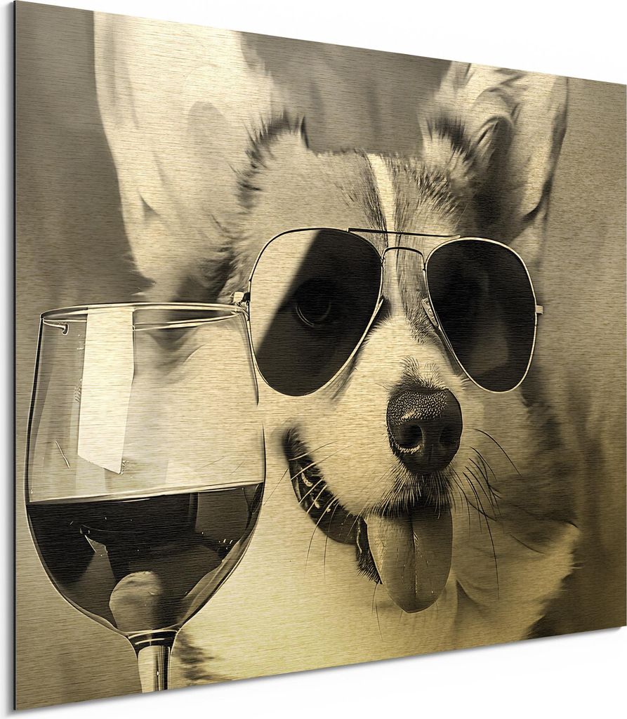 DEQORI Alu-Dibond Bild Gold 80x60 cm 'Corgi mit Klasse' Wandbild Metall dünn Design