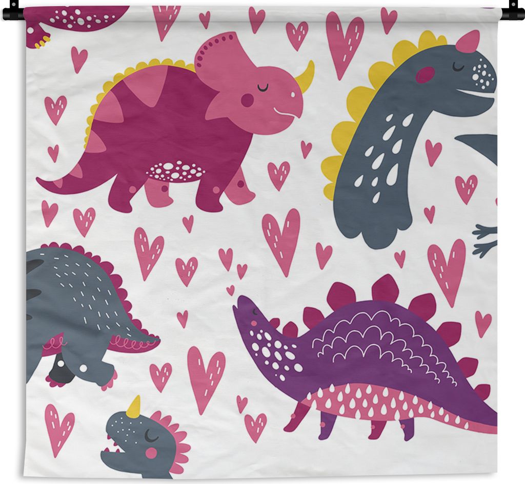 MuchoWow Wandteppich Wandbehang dino-herz-muster-pink-mädchen dinosaurier1-1 90x90 cm Tapisserie Dekoration Wandtuch - Wandaufhänger