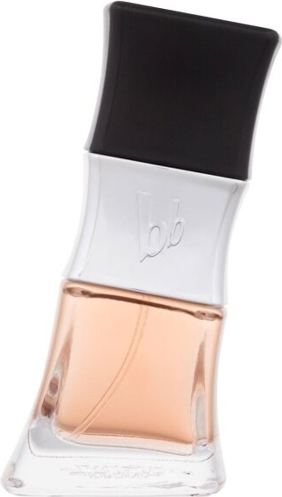 A perfume bottle with a black cap and silver accents, filled with a pink liquid.