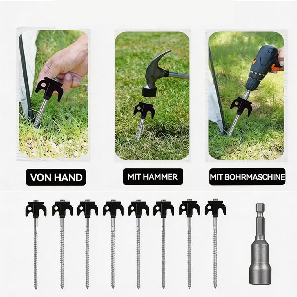 Zeltheringe Schraubset 8 Stück Stahl verzinkt 200 mm 8 mm Spiralgewinde inkl. Adapter & Auszieher Camping Heringe für Zelt Pavillon Sand Erde Out...