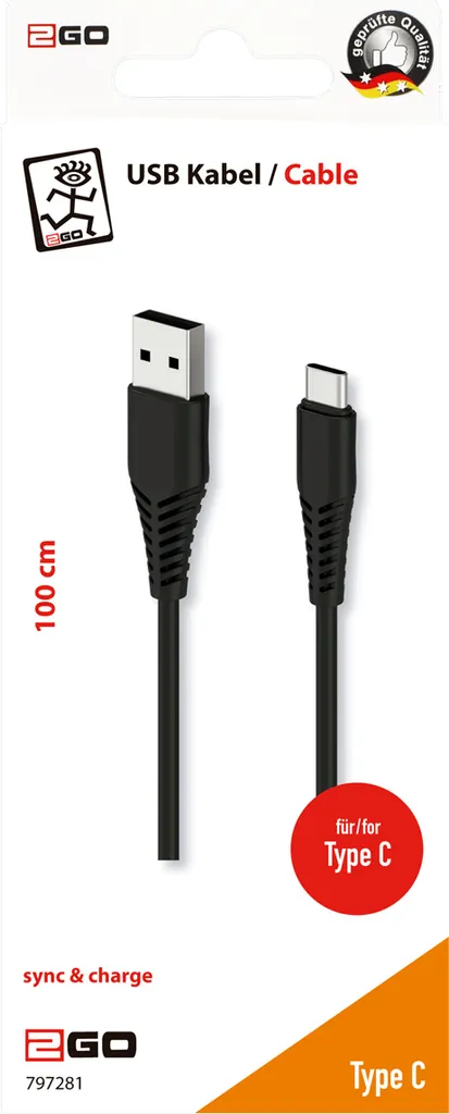 2GO 797281 Cavo USB Type-C 100cm Nero - Ricarica e Sincronizzazione Dati