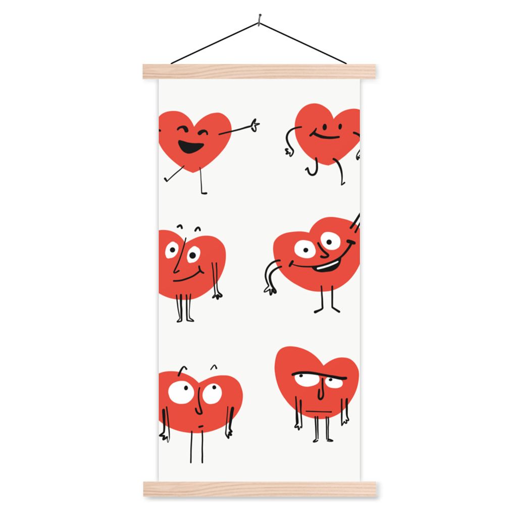 MuchoWow Textilposter Eine Illustration von neun Herzen mit Emotionen 40x80 cm mit holzfarbenen Rahmen - Wohnzimmer