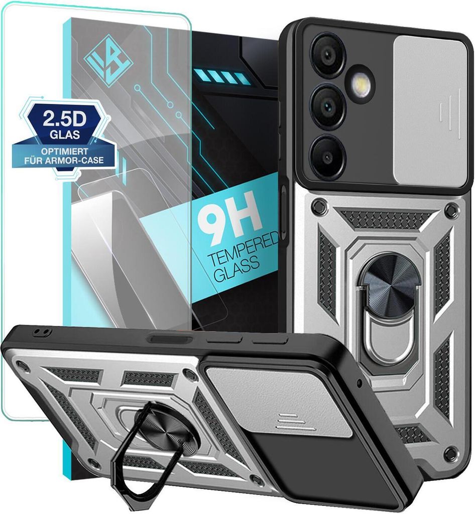 Armor Handyhülle für Samsung Galaxy S24 FE mit 9H Displayglas Displayschutz Kameraschutz Handy Panzer Case Cover Schutzhülle Outdoor Farbe: Silber