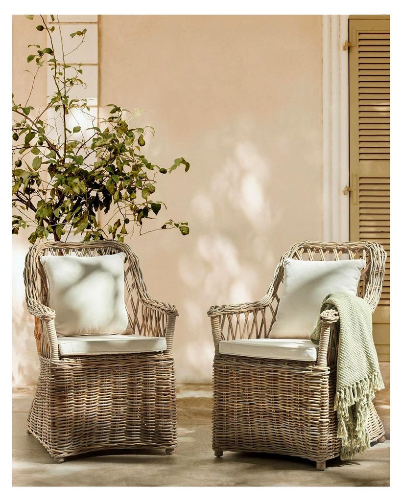 Gartensessel mit hoher Lehne Rattan 2er Set Auflagen beige