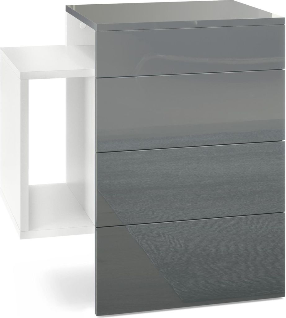 Vladon Nachttisch Queens, Germany, Nachttischschrank mit 2 Schubladen und 1 seitlichem Fach zur Wandmontage, Weiß matt/Grau Hochglanz (60 x 63 x ...