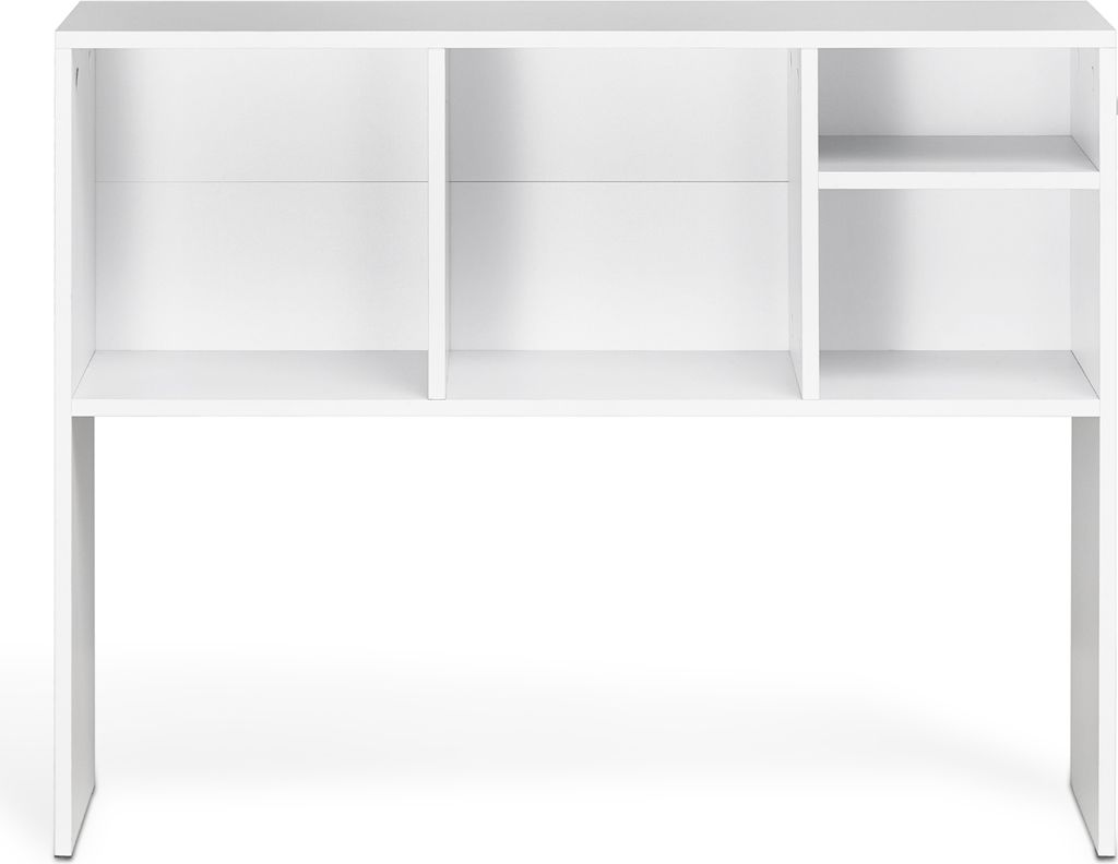 A white shelf unit with multiple compartments.