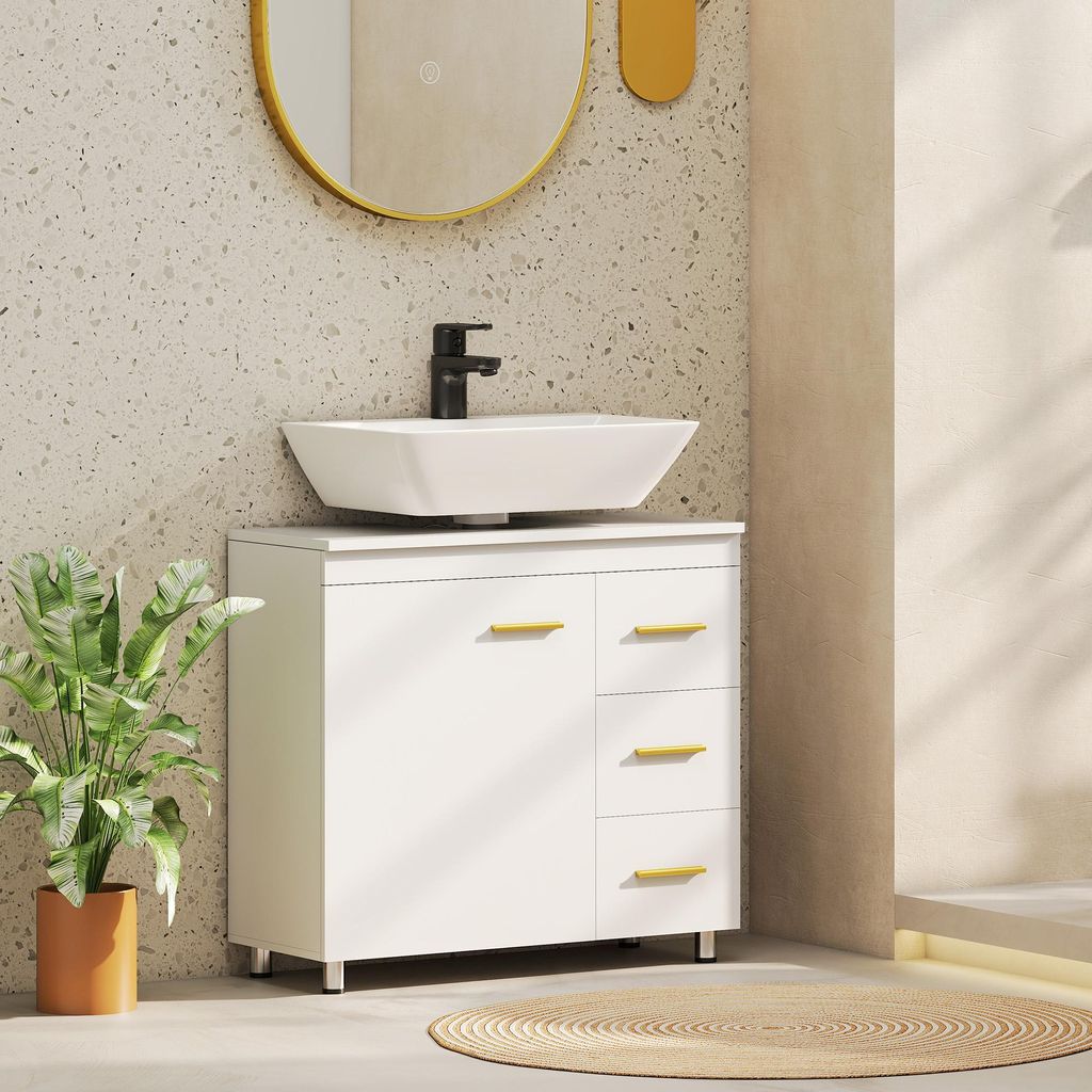 Badezimmerunterschrank Weiß, Waschbeckenunterschrank Soft-Close, Unterschrank MDF Spanplatte | 70x30x65 cm | 16,4 kg | 3 Schubladen