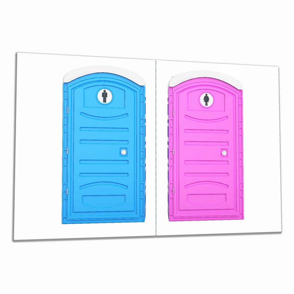 Wallario Herdabdeckplatte aus Glas, Größe 80 x 52 cm 2-teilig, Motiv Klo-Häuschen blau und pink Herren und Damen nebeneinander