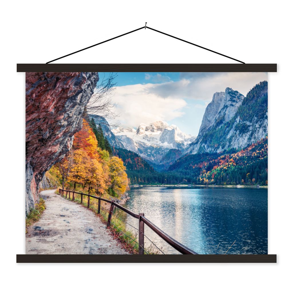 MuchoWow Textilposter Berge - See - Weg - Natur - Wasser 150x113 cm mit holzfarbenen Rahmen - Poster
