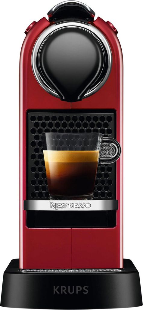 A close-up front view of a red Nespresso coffee machine.