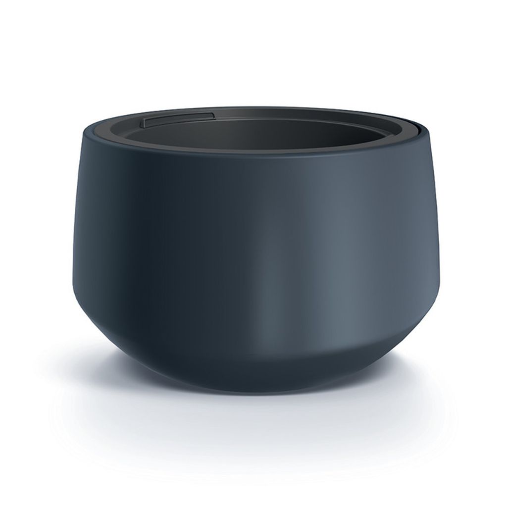 A dark gray planter with a smooth surface and an elevated tapered base is shown against a white background.