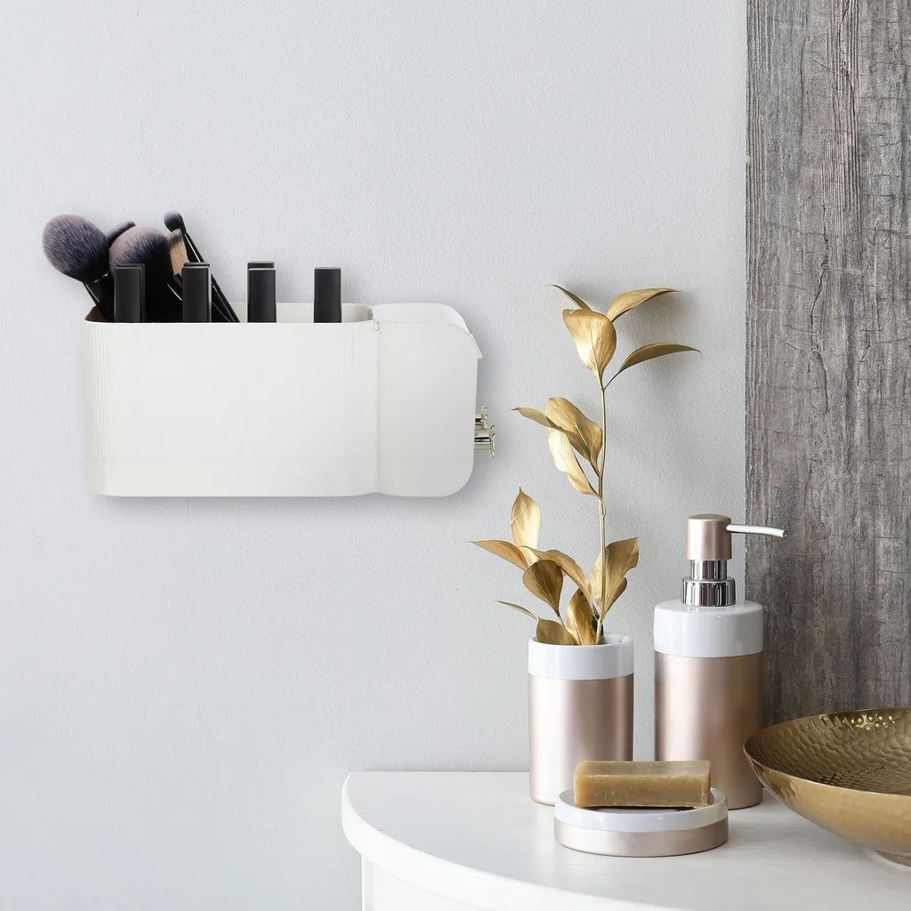 Organizer per cosmetici da bagno adesivo bianco, 4 scomparti