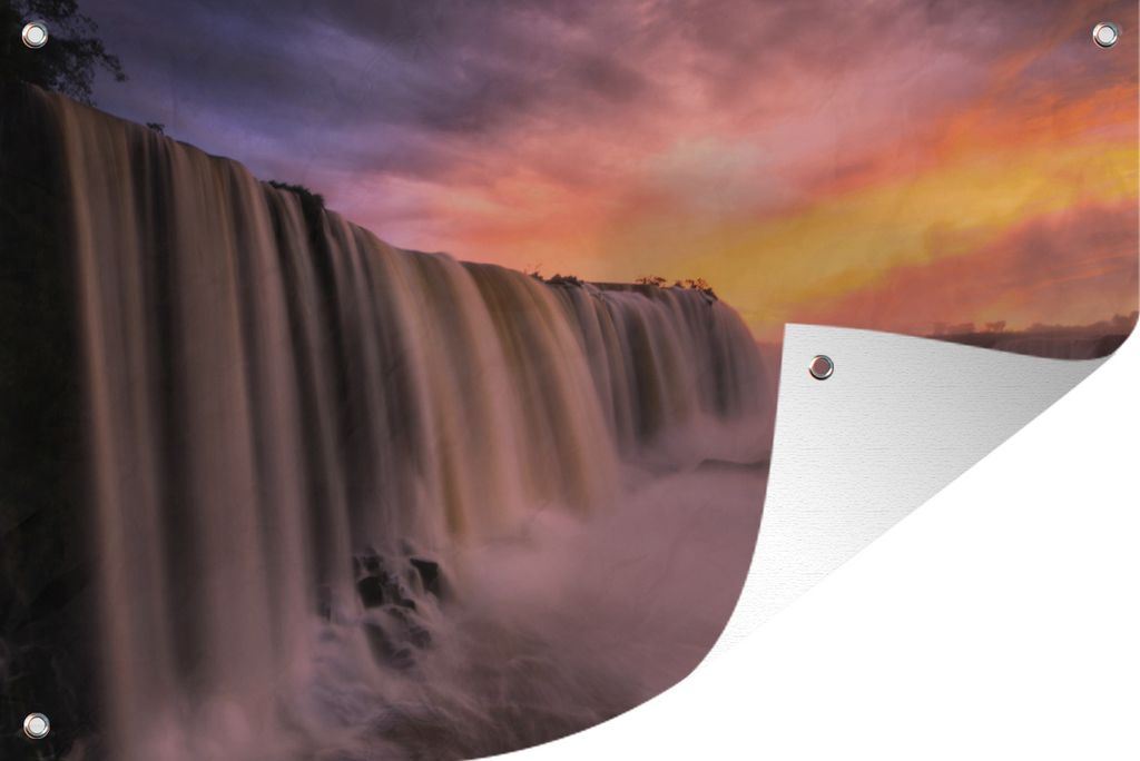 MuchoWow 90x60 cm Outdoor-Poster Gartendeko Sichtschutz Garten Poster für den Garten Wasserfall - Sonnenuntergang - Natur