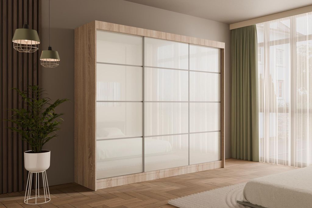 ALTDECOR Kleiderschrank mit Lacobel-Schiebetüren, kugelgelagerte Führungsschienen und Aluminium-Leisten - PEKA3 - 250 cm Sonoma / Weiß