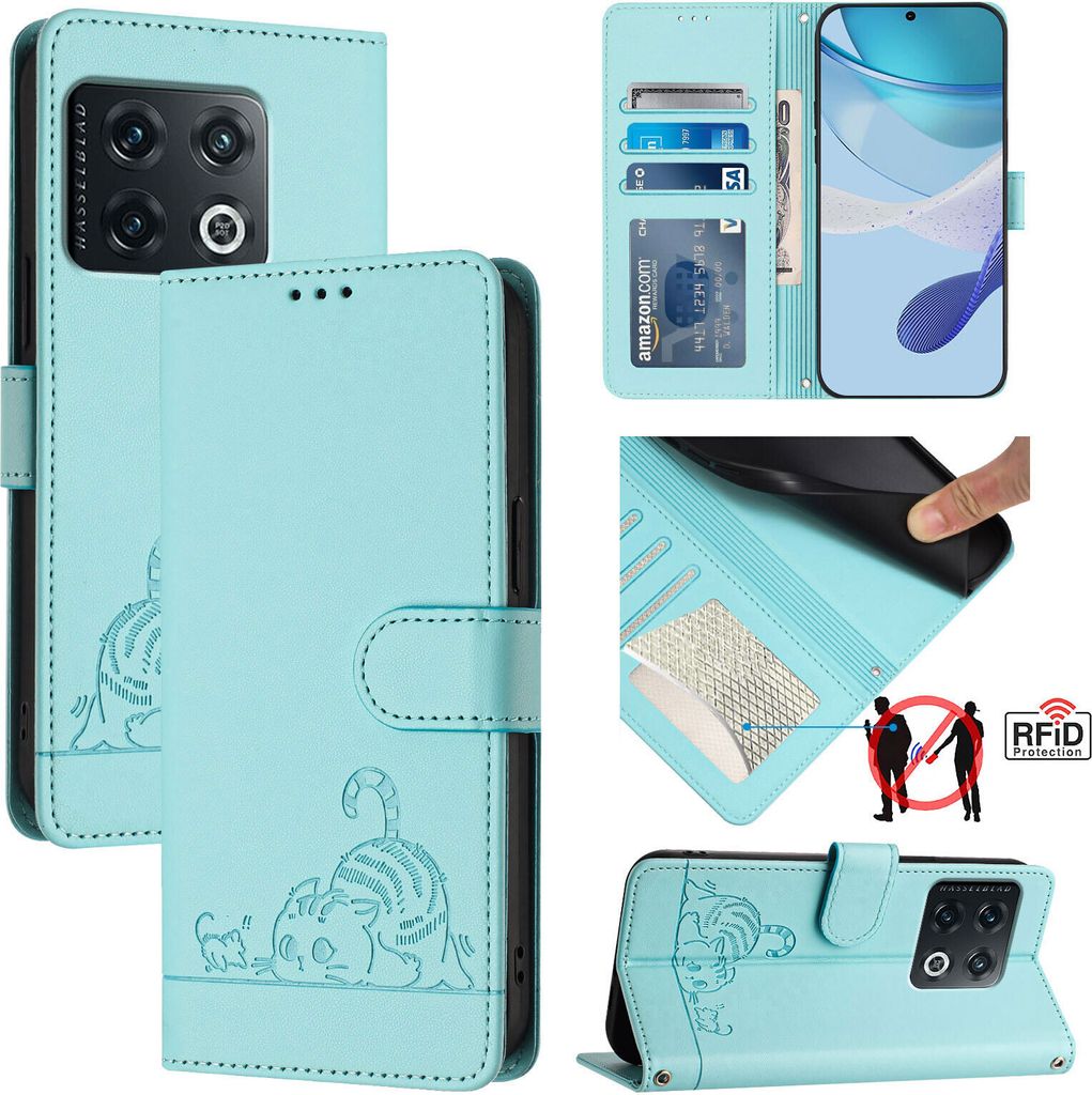 Leder Hülle für OnePlus 10 Pro Süße Katze Flip Case Brieftasche Schutzhülle mit Standfunktion hellgrün
