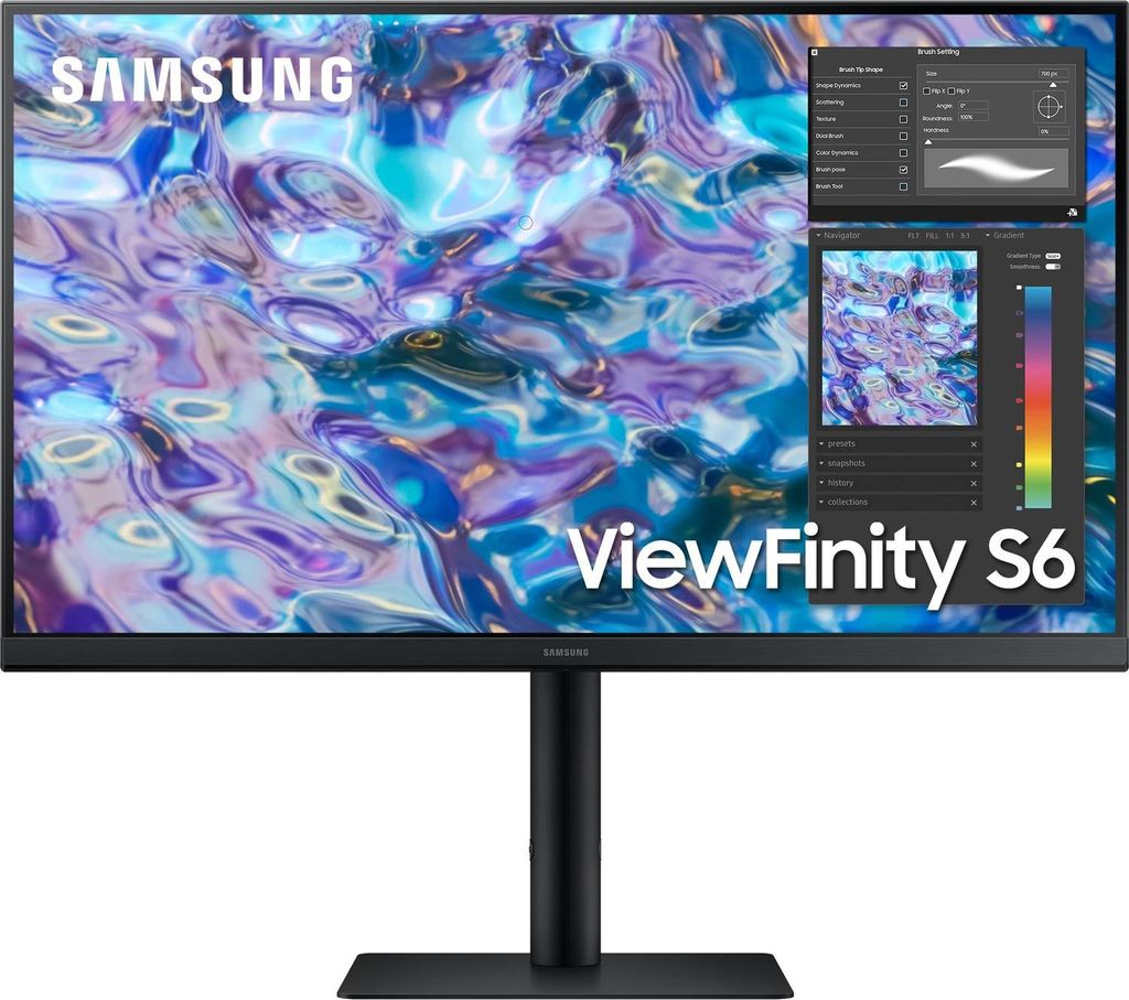 A Samsung ViewFinity S6 monitor displaying a colorful, abstract image and software interface.