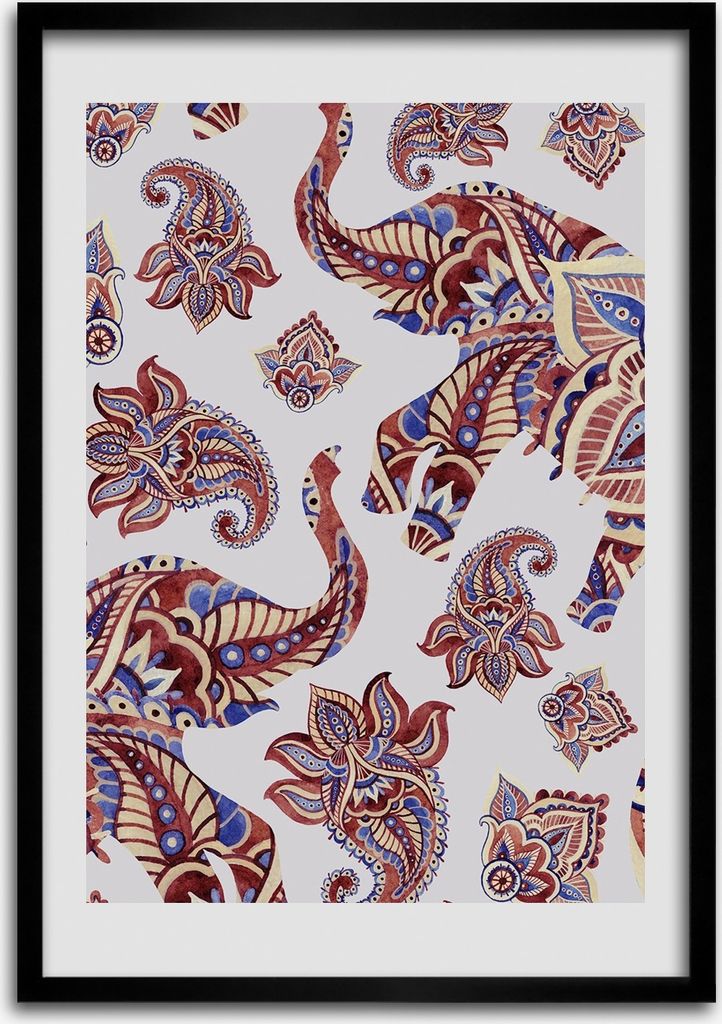 Bild - Bilderrahmen - Foto - 70 cm x 100 cm - MDF - Rahmen - Wandkunst - Ethnische Elefanten Muster
