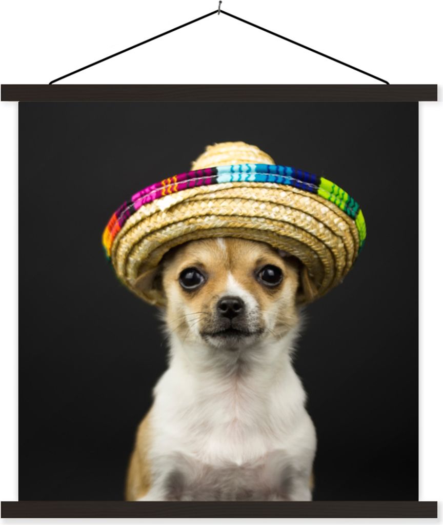 MuchoWow Textilposter Hund - Sombrero - Schwarz 60x60 cm mit schwarzem Rahmen - Posteraufhänger