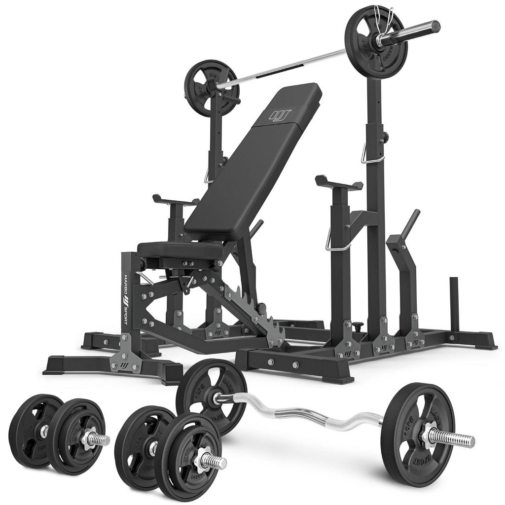 Marbo Sport - Set MS11_2.0_83KG_G | Doppelseitig verstellbare Hantelbank + verstellbare Ständer + Stangen- und Hantelscheiben gummiert Set 83 kg