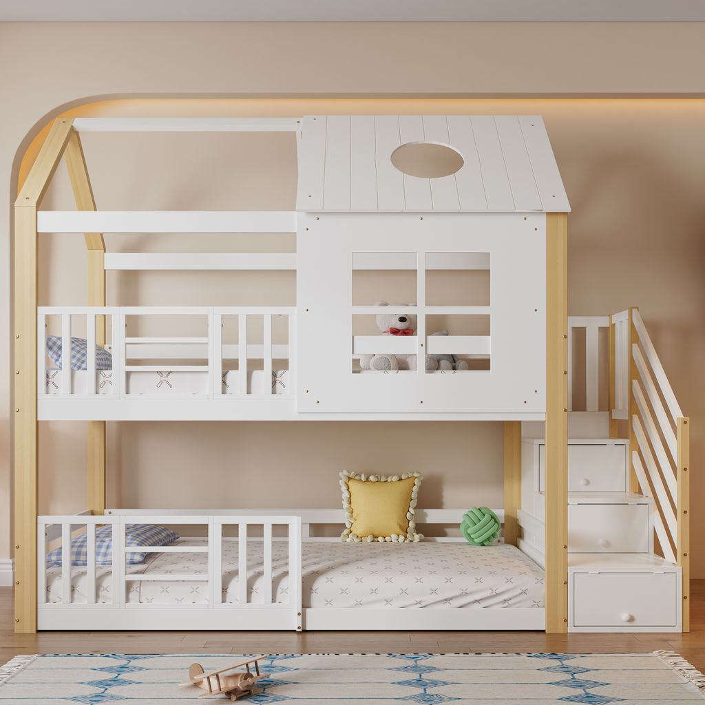 A children's bunk bed with a house-like design, featuring stairs with storage and safety rails.