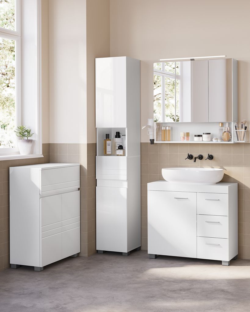 VASAGLE Badezimmerschrank, Badschrank, Waschbeckenunterschrank, Spiegelschrank Bad mit Beleuchtung, verstellbare Ablagen, modern