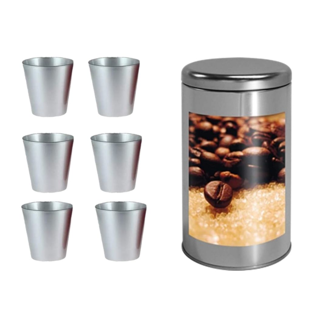 Kaffeedose aus Edelstahl mit Kaffeebohnen-Motiv und 6 Glasbecher Set, Silber