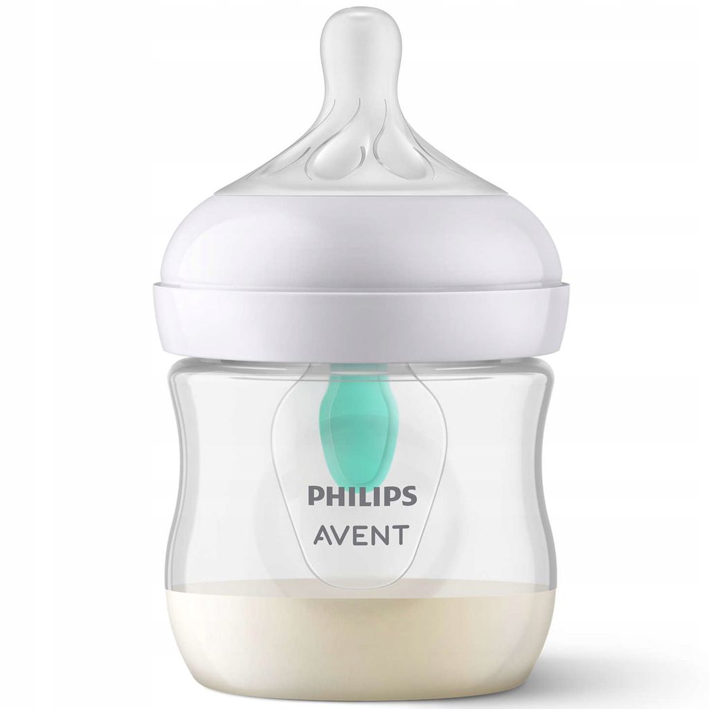 A Philips Avent baby bottle filled with liquid, shown against a white background.