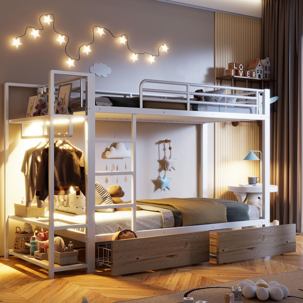 Abrihome Etagenbett 90x200cm mit Rausfallschutz, Kinderbett mit 2 Schubladen, Kleiderstange und LED, Metallbett Bodenbett, Weiß